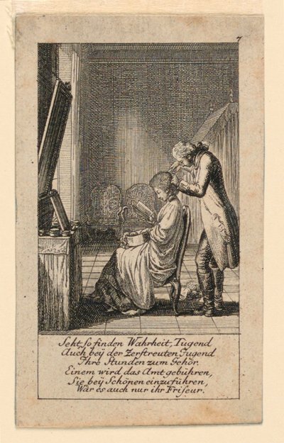 The Hair-Do, kuvitus "Königl: Grosbrit [anian] genealogical Calendar 1780 Lauenberg, J.G. Berenberg" tekijältä Daniel Nikolaus Chodowiecki