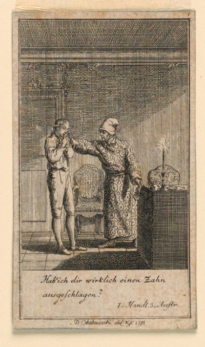 Slap in the Face, kuvitus Fredrich Wilhelm Grossmanin näytelmästä "Not more than sachs Schuesseln" teoksessa "Königl: Grosbrit [anian] genealogical Calendar for 1782 Lauenberg by J.G. Berenberg" tekijältä Daniel Nikolaus Chodowiecki