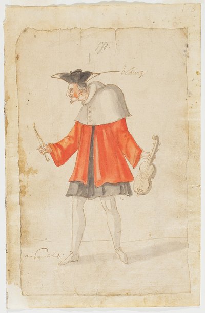 Muusikko Ballet du Serieux et du Grotesquesta, 1627 (ruskea muste ja wc taitetulla paperilla) tekijältä Daniel Rabel
