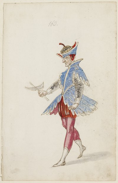 Mieshahmo sinisen ja punaisen puvussa Ballet des quatre saisons de lAnneesta, 1626 (ruskea muste, wc ja metallimaali mustan liidun alapiirroksen päällä paperille) tekijältä Daniel Rabel