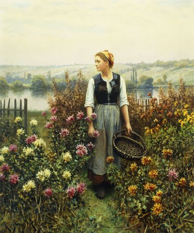 Tyttö koriin puutarhassa, tekijältä Daniel Ridgway Knight