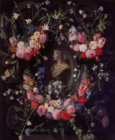 Kukkaseppele ympäröi arkkiherttua Leopold Guglielmon marmorista rintakuvaa, n. 1647 tekijältä Daniel Seghers