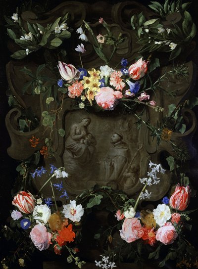 Kukkakoristeltu marmorinen kapeikko, jossa on kuva neitsyen palvonnasta. Daniel Seghersin (1590-1661) maalaus. Yksityiskokoelma. tekijältä Daniel Seghers