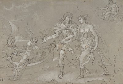 Helenan raiskaus, verso: Tutkimus polvistuvasta alaston mieshahmosta, 1600-1700-luvun loppu. tekijältä Daniel Seiter
