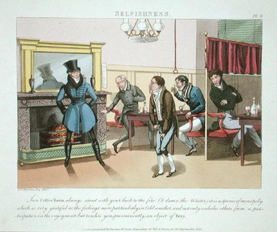 Itsekkyys, levy 9 teoksesta "The Necessary Qualifications of a Man of Fashion", julkaistu 1823 (käsin väritetty akvatintta). tekijältä Daniel Thomas Egerton