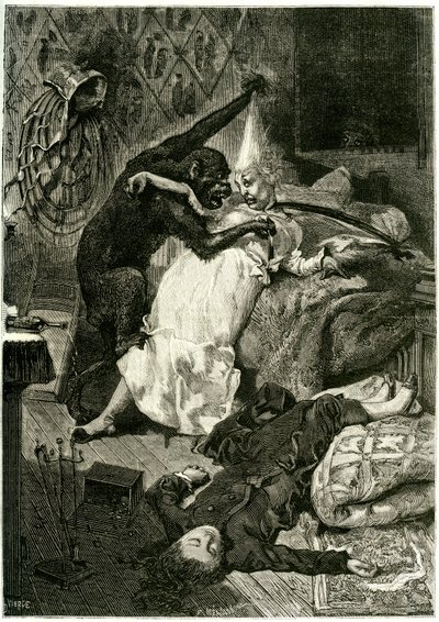Kuvitus Edgar Allan Poen teokseen "Murhat Rue Morguen murhapaikalla". tekijältä Daniel Urrabieta (after) Vierge