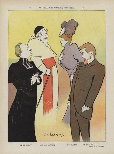 Näytelmän Le Duel tuotanto Comedie-Francaisessa. Kuvitus Le Rirelle tekijältä Daniel de Losques