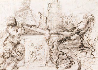 Pyhä Cecilia Roomalainen soittaa urkuja (Saint Cecilia urkuilla) - Daniele Crespin (1598-1630) teos, liitu ja akvarelli paperille tekijältä Daniele Crespi