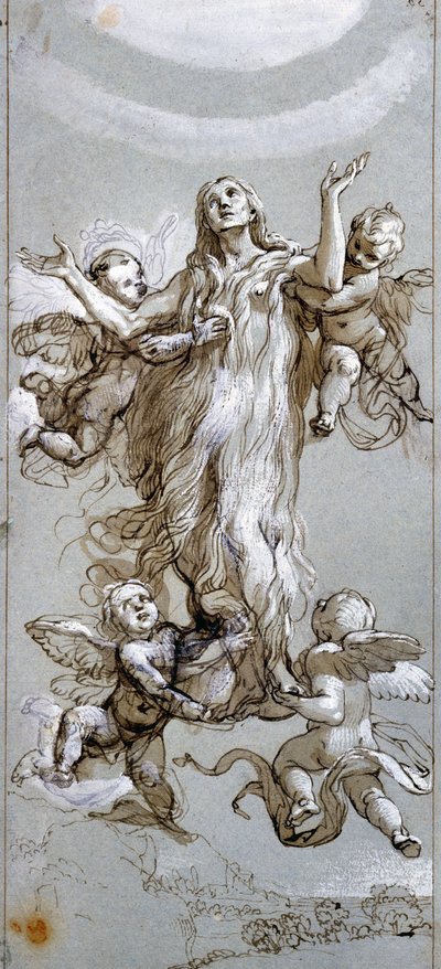 Pyhän Maria Magdaleenan taivaaseenastuminen enkelien ohjaamana piirustus Daniele Crespi (1598-1630) 1600-luvun Madrid, Prado-museo tekijältä Daniele Crespi