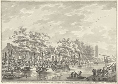 Amsterdamilaisten saapuminen Utrechtiin, 1787 Näkymä Amsterdamin kansalaisten saapumisesta Utregtiin De Rooy Brugiin. Den Domin jälkeen nähdä. 1787. (otsikko esineessä) tekijältä Daniël Kerkhoff