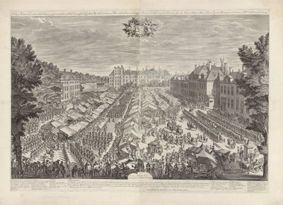 Haagin messut Orangen prinssin ja prinsessan kanssa, 1686 Haagin messut nousevilla hampurilaisilla esittelemässä hänen kuninkaallisille korkeuksilleen herrani prinssi ja rouva oranssin prinsessa / Foire de la Haye, avec les bourgois sous les armes, sa tekijältä Daniël Marot (I)