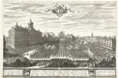 Asemiehiä Dam-aukiolla Amsterdamin messujen aikana 1686 Amsterdamin messu, jossa esitetään Burgery in the Weapons, sig Esittelyssä aaen de Groot Agtb: Heeren Burgermeesteren (otsikko esineessä) Foire d