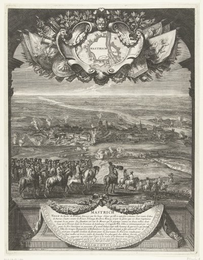 Ranskalaiset valloittivat Maastrichtin 30. kesäkuuta 1673 Mastrich (otsikko esineessä) Grandes Conquêtes du Roi (sarjan nimi) tekijältä Daniël Marot (I)