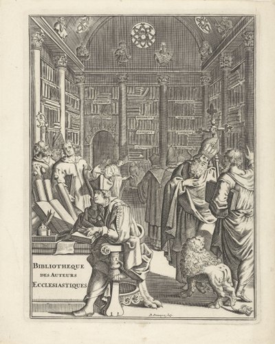 Interior de la biblioteca amb el clergat Portada per a: Bibliotheque des Authors Ecclesiastiques, sense final d