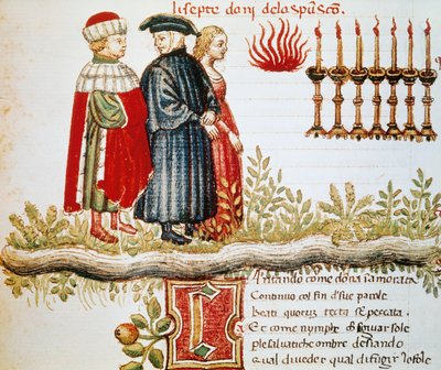Vergilius, Dante ja Matelda, Kiirastule, Canto XXIX, valaistu sivu Divine Comedysta, kirjoittanut Dante Alighieri (1265-1321) tekijältä Dante Alighieri
