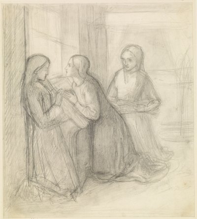 (Mahdollisesti) Pyhä Elisabet Unkarilainen polvistuneena seuralaisineen Isentrudis ja Guta. tekijältä Dante Gabriel Charles Rossetti