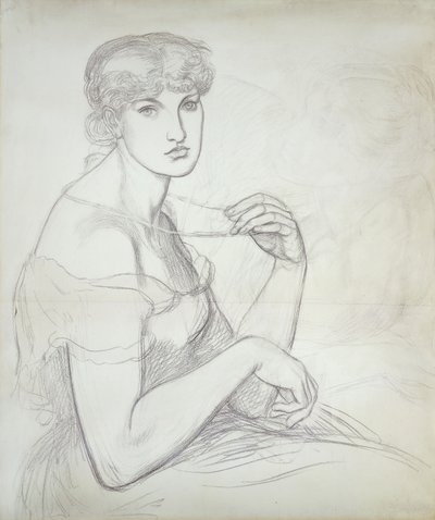 Istuva nainen pitelee kaulakorua, oikealla toinen naishahmo, tekijältä Dante Gabriel Charles Rossetti