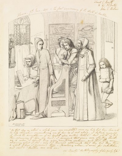 Dante piirtää enkelin Beatricen kuoleman ensimmäisenä vuosipäivänä, 1848-9 tekijältä Dante Gabriel Charles Rossetti