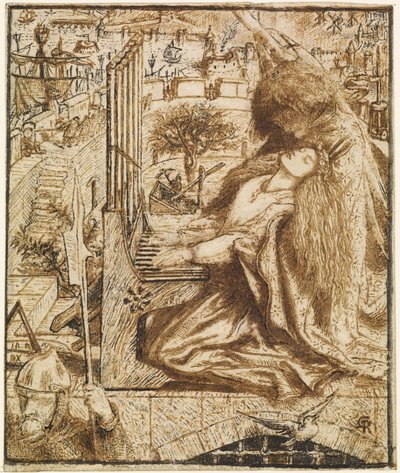 Moxonin Tennysonin - Saint Cecilia -teoksen suunnittelu tekijältä Dante Gabriel Charles Rossetti