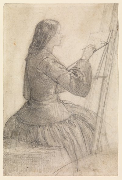 Elizabeth Siddal istuu maalaustelineessä, 1854-55 noin tekijältä Dante Gabriel Charles Rossetti
