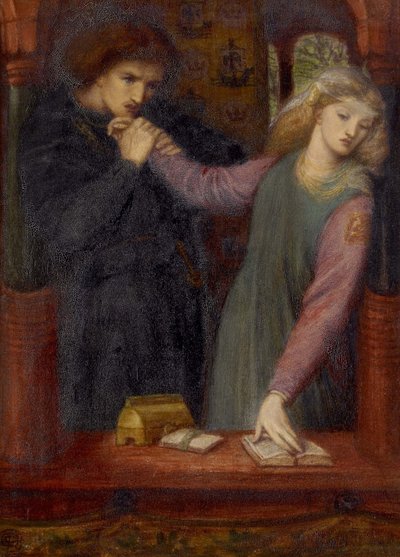 Hamlet ja Ophelia, 1866 (akvarelli ja arabikumi paperille) tekijältä Dante Gabriel Charles Rossetti