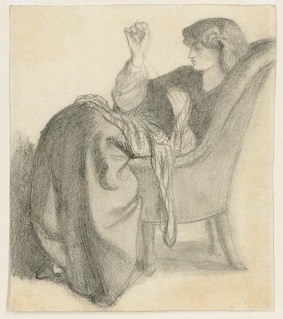 Lachesis: Tutkimus Jane Morrisista istumassa tuolissa ompelemassa, 1860-luku tekijältä Dante Gabriel Charles Rossetti
