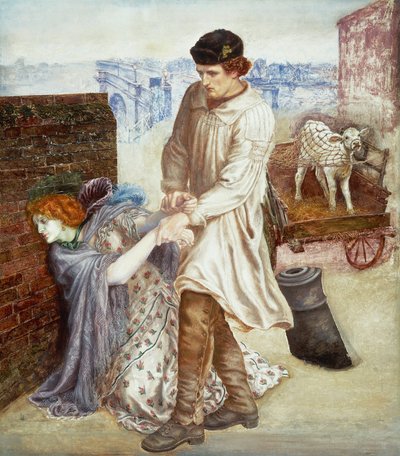 "Uudelleen löydetty" Viljelijä, joka tuli kaupunkiin myymään vasikansa, yrittää kasvattaa sairaan nuoren prostituoidun, jolla on ruumiinhipiä 1865-1869 (maalaus) tekijältä Dante Gabriel Charles Rossetti