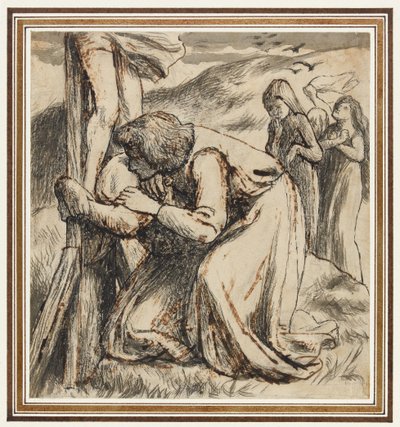 Pyhä Johannes lohduttaa neitsyttä ristin juurella, 1857-58 (kynä, tussi ja seepia tussi paperille). tekijältä Dante Gabriel Charles Rossetti