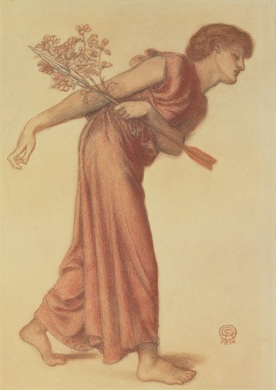 Tutkimus Rakkaushahmosta Danten unessa Beatricen kuoleman aikaan, 1874 (musta ja punainen värikynä vihreällä paperilla) tekijältä Dante Gabriel Charles Rossetti