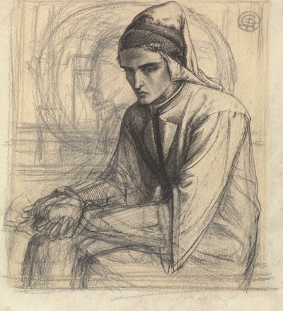 Dante meditaatiossa granaattiomenaa kädessään tekijältä Dante Gabriel Rossetti