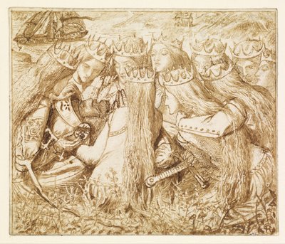 Luonnos Moxonin Tennysoniin - kuningas Arthur ja itkevät kuningattaret tekijältä Dante Gabriel Rossetti