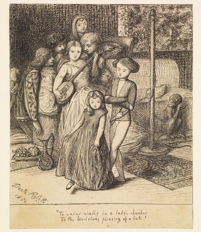 Karkeloida ketterästi naisen kamarissa luutun aistillisen miellyttävän soiton tahdissa tekijältä Dante Gabriel Rossetti