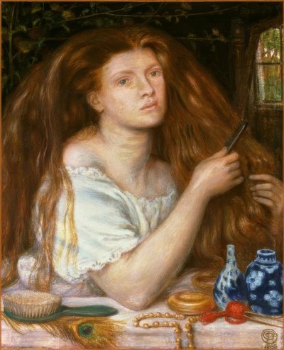 Nainen kampaa hiuksiaan tekijältä Dante Gabriel Charles Rossetti