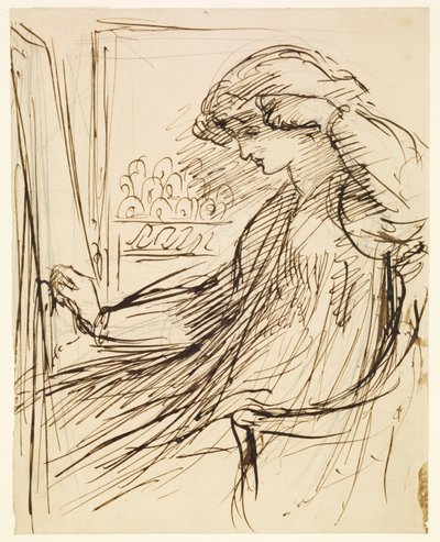 Nainen istuu kirjonta kehyksen tai telineen ääressä tekijältä Dante Gabriel Rossetti