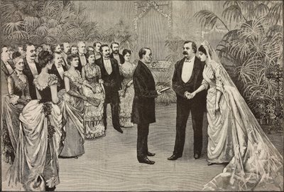 Yhdysvaltain presidentin Grover Clevelandin ja Frances Folsomin häät, 2. kesäkuuta, Washington, Yhdysvallat, piirustus Dante Paolocci, kaiverrus L