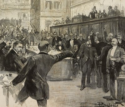 Kiistaa edustajainhuoneessa pankkien vastuita koskevasta tutkimuksesta vastaavan seitsemän komitean (Comitato dei Sette) mietinnön lukemisen jälkeen, 23. marraskuuta tekijältä Dante Paolocci