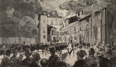 Israelin koulujen tulipalo 1893, Rooma, Italia, kaiverrus Dante Paoloccin piirustuksen perusteella, L