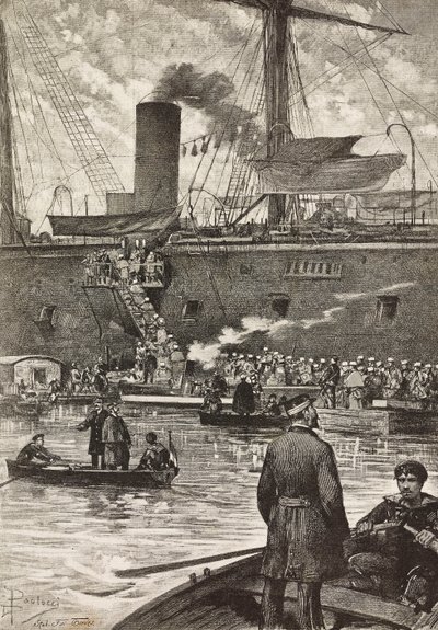 Italialaiset sotilaat nousemassa taistelulaivaan Principe Amedeo, italialainen retkikunta Punaisellamerellä, Napoli, Italia, kaiverrus Dante Paoloccin piirroksesta, L