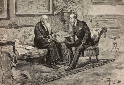 Savoian kuningas Umberto I (1844-1900) ja neuvoston puheenjohtaja Agostino de Pretis (1813-1887), kaiverrus Dante Paoloccin piirroksesta, L