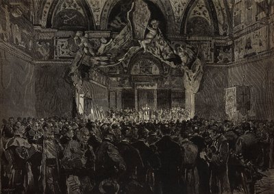 Leo XIII vastaanottamassa ranskalaisia pyhiinvaeltajia Ducal Hallissa, paavin juhlavuosi, Vatikaanissa, kaiverrus Dante Paoloccin piirroksesta, L