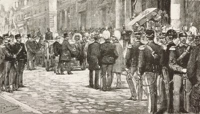 Poliitikot ja upseerit osallistuvat Luigi Mezzacapon (1814-1885), italialaisen poliitikon ja upseerin hautajaisiin, Rooma, Italia, kaiverrus Dante Paoloccin piirroksesta, L