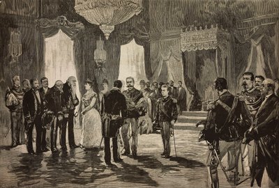 Napolin prinssi, Alfonso Maria Giuseppe Alberto Bourbon-Two Siciliesista apululutnantti-univormussa, uudenvuoden vastaanotossa Quirinalissa, Italiassa, kaiverrus Dante Paoloccin piirroksesta, L
