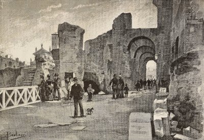 Julkinen kävelytie (Summa Nova Via) Palazzo dei Cesarissa, Roomassa, Italiassa, kaiverrus Dante Paoloccin piirroksesta, L