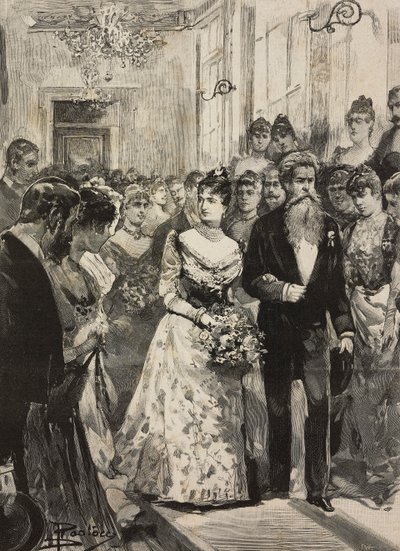 Savoian kuningatar Margherita Rooman taiteilijaklubin (Circolo Artistico) juhlissa, kuvanveistäjä Giulio Monteverden kanssa, Italia, kaiverrus Dante Paoloccin piirtämänä, L