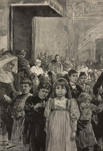 Lasten vastaanotto paavi Leo XIII:n juhlallisuuksissa, Vatikaanissa, kaiverrus Dante Paoloccin piirustuksen mukaan, L