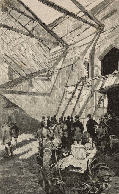 Israelilaisen teatterin jäänteet vuoden 1893 tulipalon jälkeen, Rooma, Italia, kaiverrus Dante Paoloccin piirustuksen mukaan, L