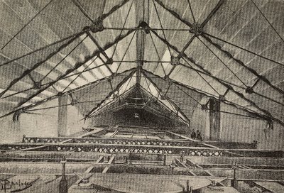 Katto ja kattoa tukeva metalliristikko, Lateranin Pyhän Johanneksen arkkibasilikan uusi käsivarsi, Rooma, Italia, piirustus Dante Paolocci, kaiverrus L