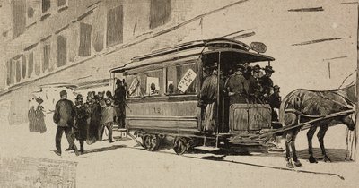 Raitiovaunu suunnattu Pyhälle Pietarille Leo XIII:n piispanjuhlavuoden yhteydessä, Rooma, Italia, kaiverrus Dante Paoloccin piirtämänä, L
