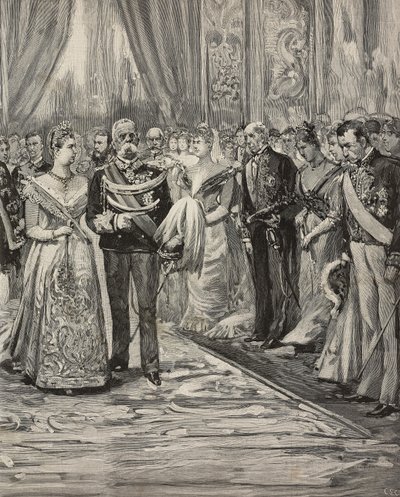Umberto I ja Margherita Savoialainen hopeahäidensä konsertissa, Palazzo del Quirinale, Rooma, Italia, kaiverrus Dante Paoloccin piirtämänä, L