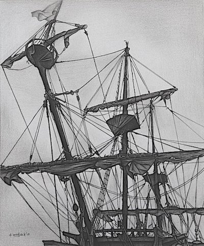Ghostly Galleon, 2017 (lyijykynä, muste paperille) tekijältä Darrell Windjack